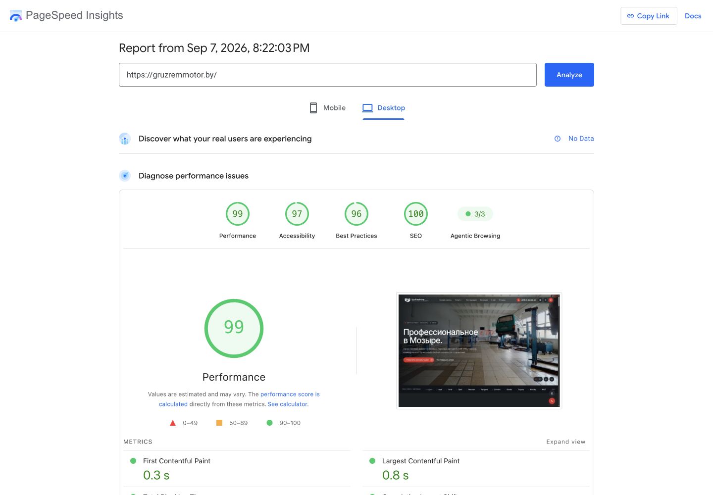Google PageSpeed Insights report for GruzRemMotor.by showing Performance 99 and SEO 100